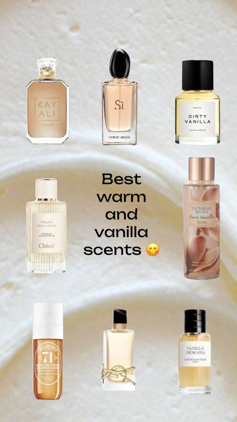 I love vanilla scents so I made this board of my dream vanilla perfumes hope you like 🤍🧸 Best Cheap Vanilla Perfume, Vanilla Girl Scents, Best Vanilla Scents, Vanilla Scent Aesthetic, Warm Vanilla Perfume, Vanilla Scent Combo, Best Vanilla Perfume, Vanilla Perfumes, Smell Like Vanilla