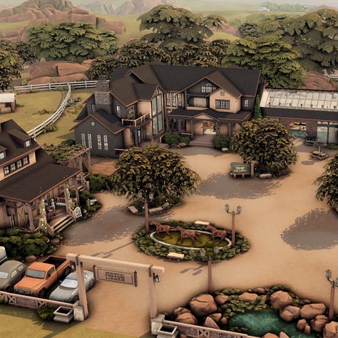 Huge family horse ranch - The Sims 4 Rooms / Lots - CurseForge Sims 3 Ranch House, Sims 4 Farm Animals Cc, Ranch Design Layout, Sims 4 Modern Horse Ranch, Sims 4 Guest House, Houses With Breezeways, Farm Sims 4 House, Sims 4 Ranch House Floor Plan, Crazy Sims 4 Builds