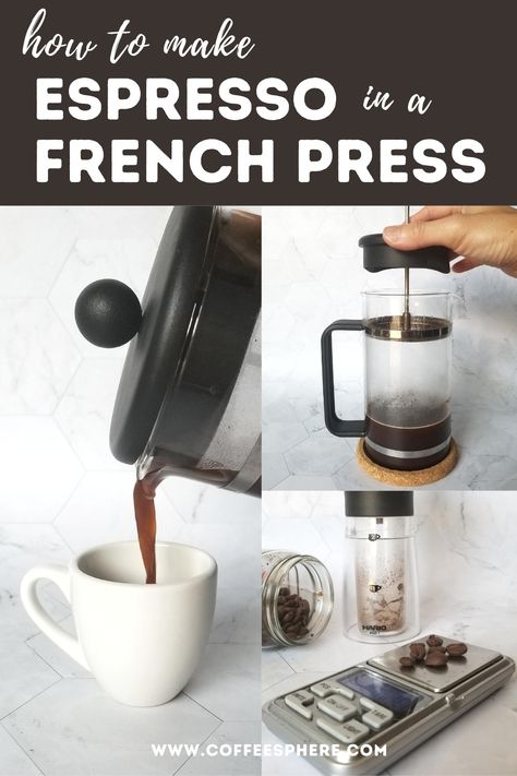 Let’s say you’re at home and want to make one of these espresso based drinks. But wait. You don’t have an espresso machine.   Not to worry. You can still make your favorite espresso based coffee drink at home using other brewing methods.   Here, we’ll teach you how to make espresso in a French press. French Press Coffee Recipe, Homemade Coffee Drinks, Espresso Recipes, Cuban Coffee, Espresso At Home, French Press Coffee Maker, French Coffee, Coffee Press, Homemade Coffee