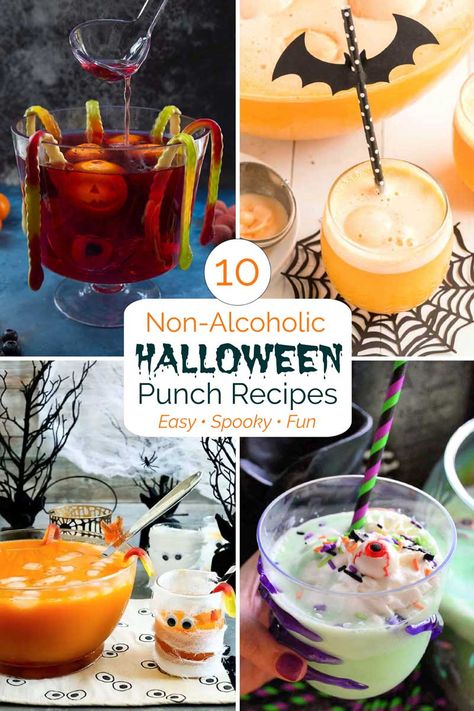 These non-alcoholic Halloween Punch recipes are perfect for school Halloween parties, office gatherings, kids’ parties, non-drinkers and designated drivers. Yummy recipes with lots of spooky add-ins and decorating suggestions to make your gathering the most spook-tacular ever! Bonus: big-batch drink ideas make hosting easy, since you don’t have to hover at the beverage station making individual drinks. Hauntingly delicious and so simple! | Halloween party recipes | www.TwoHealthyKitchens.com Halloween Punch Bowl Alcohol, Halloween Themed Punch Alcohol, Halloween Cider Punch, Alcohol Recipes For Parties Punch, Strong Party Punch Alcohol, Alcohol Recipes Halloween, Booze Punch Recipes, Easy Spiked Punch, Halloween Punch Ideas With Alcohol