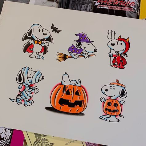 Snoopy Halloween Drawing, Halloween Snoopy Tattoo, Snoopy Halloween Tattoo, Snoopy Traditional Tattoo, Tattoo Profolio, Pochacco Tattoo, Charlie Brown Tattoo, Peanuts Tattoo, Traditional Tattoo Halloween