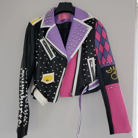 An Azalea Wang Black Pleather Jacket With Silver Studs, Yellow And Purple And Pink Accents. Nwot Studs And Spikes, Pleather Jacket, Azalea Wang, Yellow And Purple, Vegan Leather Jacket, Faux Leather Moto Jacket, Leather Moto Jacket, Character Outfits, Art Clothes