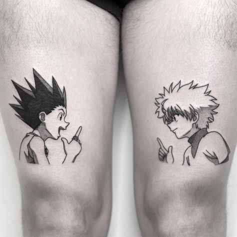 Anime Ink on Instagram: “Perfect pair Gon & Killua tattooed by @sketch_le_kid” Hunter Tattoo Design, Hunter X Hunter Tattoo Design, Killua Tattoo, Hunter X Hunter Tattoo, Duo Tattoo, Gon Hunter X Hunter, Pair Tattoos, Dynamic Tattoo, Partner Tattoos