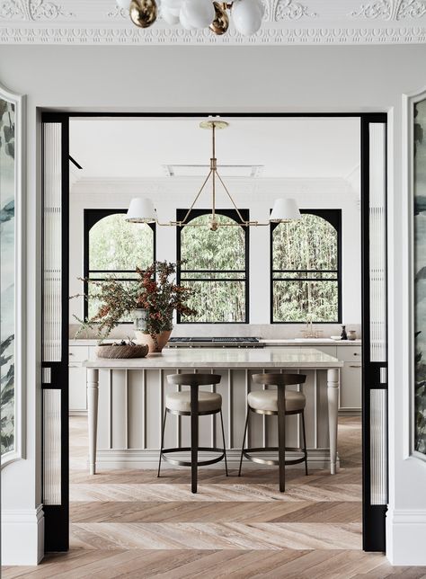 Onyx Backsplash, Archway Design, Brass Shelving, Dreamy Kitchens, Oak Timber Flooring, Hidden Pantry, Entertaining Space, Marble Vanity, Parquetry