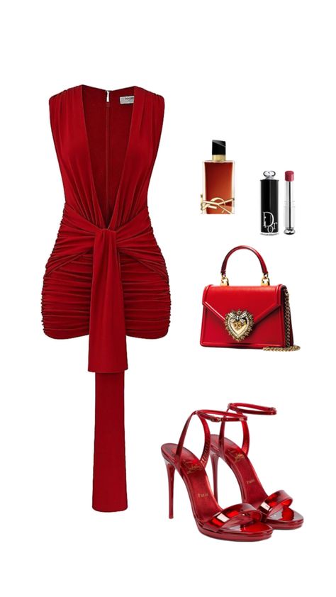 Dress For Night Party Classy, Classy 21st Birthday Outfit, Red Outfit Birthday, Red Classy Outfits, Party Fits Baddie, Quince Guest Outfit Dresses, Fancy Date Night Outfit, All Red Outfit, Baddie Outfits Party