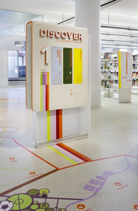 Learning Experience Design, Library Branding, Library Interior Design, Children Library, Way Finding, Library Signage, Nyc Architecture, Museum Education, Wayfinding Signage Design