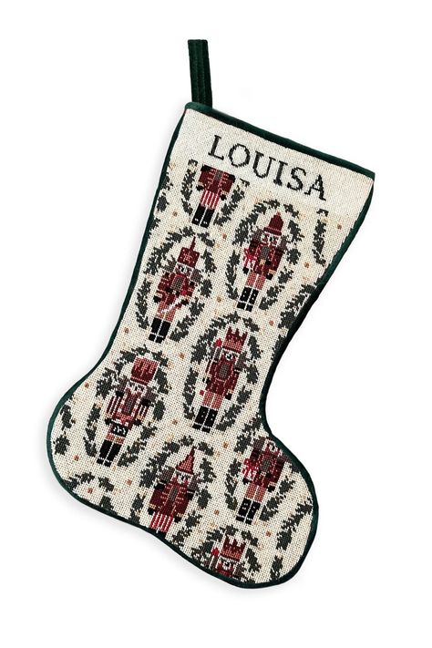 Finished Needlepoint Stocking — Nutcrackers | Over The Moon Christmas Stockings Needlepoint, Christmas Stocking Needlepoint, Needlepoint Stocking Patterns, Traditional Christmas Stocking, Needle Point Stocking, Vintage Christmas Stockings Ideas, Stocking Design Ideas, Needlepoint Stockings Christmas, Quilted Christmas Stockings Ideas