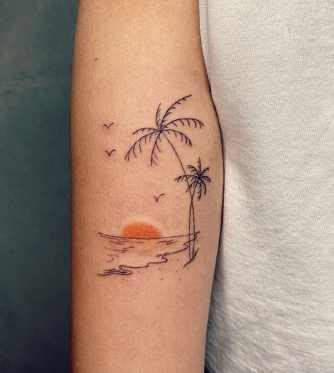 pinterest: hezzprice Beach Sunset Tattoo Minimalist, Palm Tree Tattoo Ankle, Small Beach Tattoos, Tree Tat, Beachy Tattoos, Beach Tattoos, Inspiring Tattoos, Stunning Tattoos, Sunset Tattoos