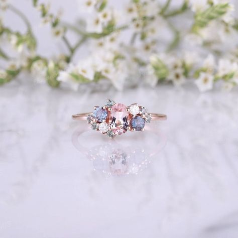 Dainty Oval Morganite Engagement Rings Rose Gold Alexandrite - Etsy Canada Oval Morganite Engagement Ring Rose Gold, Custom Promise Ring, Wedding Rings Alexandrite, Blue Green Sapphire Engagement Ring, Morganite Engagement Ring Oval, Morganite Engagement Ring Rose Gold, Green Sapphire Engagement, Green Sapphire Engagement Ring, Gemstone Wedding