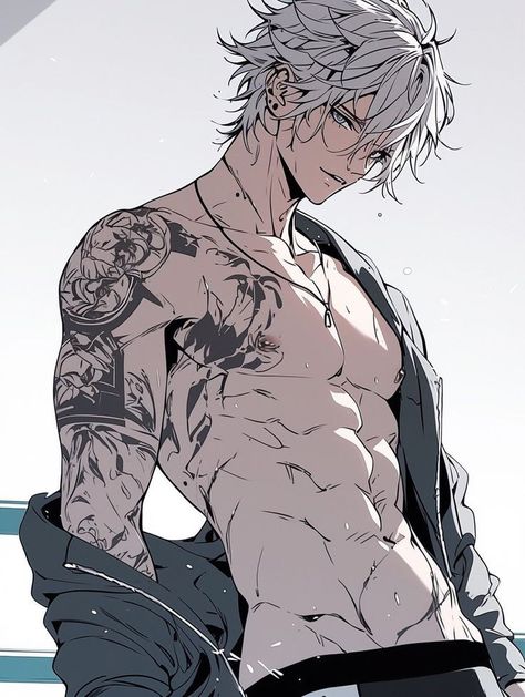 Hot Anime Male Character Fanart, Hot Manga Guy, Character Design Male White Hair, Hot Manhwa Characters Man, Anime Guy Character Design, Anime Male Reference, Anime Guy Pose, Anime Male Pose, Shirtless Anime Guy