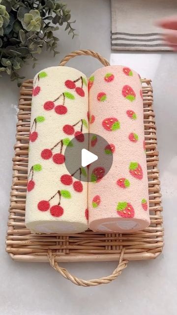 Natalia Dalehaug on Instagram: "Swiss Rolls by @rondut 🍒🍓 Do you like the cake design?  Here is the recipe:  INGREDIENTS A:  4 egg yolk (72gr total)  55ml fresh milk  45ml canola oil  60gr cake flour  INGREDIENTS B:  4 egg white (168gr total)  4gr lemon juice  50gr Castor sugar  Food coloring (for pattern)  FILLING: Buttercream or whipped cream  INSTRUCTIONS:  1. Prepare a 9" by 11" baking tray with parchment paper.  2. Combine ingredients A mix well using a hand whisk...  set a side.  3. Using a handheld mixer...whip the egg white...once the egg white become foamy with bubbles, add in sugar in additions...add in lemon juice...whip until firm peaks.  4. Using a spatula, fold about ard of the egg whites into the egg yolk batter. Add the next 3rd of the egg white mixture, folding it into t Jelly Roll Cake Design, Decorated Swiss Roll, Blueberry Roll Cake, Swiss Roll Decoration Ideas, Swiss Roll Cake Design Ideas, Cake Roll Pattern, Patterned Swiss Roll, Cake Rolls With Box Cake, How To Make Swiss Roll