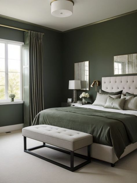 Black White And Forest Green Bedroom, Black And Green And White Bedroom, Black Room With Green Accents, Black White And Hunter Green Bedroom, White Bedroom With Dark Green Accents, Bedroom Inspirations Forest Green, Bed Back Wall Painting Design, Black And Green Modern Bedroom, Sage Green Black And Wood Bedroom