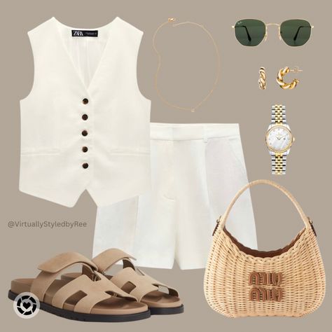 Zara Waistcoat Shorts Set Miu Miu Rattan Bag Hermes Chypre Sandals Rayban Sunglasses Zara Waistcoat, Waistcoat Outfit, Zara Looks, Capsule Wardrobe Casual, Look Zara, Date Night Outfit Summer, Zara Summer, Look Put Together, Minimalist Fashion Women