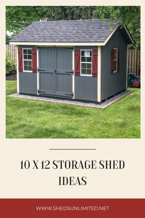 A blue gray backyard storage shed. Storage Sheds Ideas, Small Shed Ideas, Storage Shed Ideas, Backyard Workshop, Insulating A Shed, Sheds Ideas, 10x12 Shed, Sheds Ideas Backyard, Shed Sizes