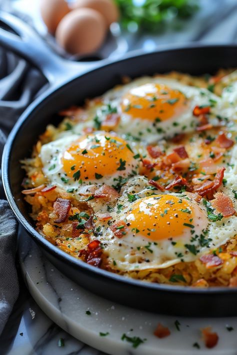 Baked dish with sunny-side-up eggs, chopped bacon, herbs, and grated cheese in a skillet. Hashbrown And Eggs Skillet, Breakfast Egg Bakes With Hashbrowns, Loaded Breakfast Hash, Loaded Hashbrowns Skillet, Hashbrowns Breakfast Ideas, Restaurant Style Hashbrowns, How To Make Crispy Hashbrowns, Hashbrown Bowl Recipe, Breakfast Skillet Recipes Healthy