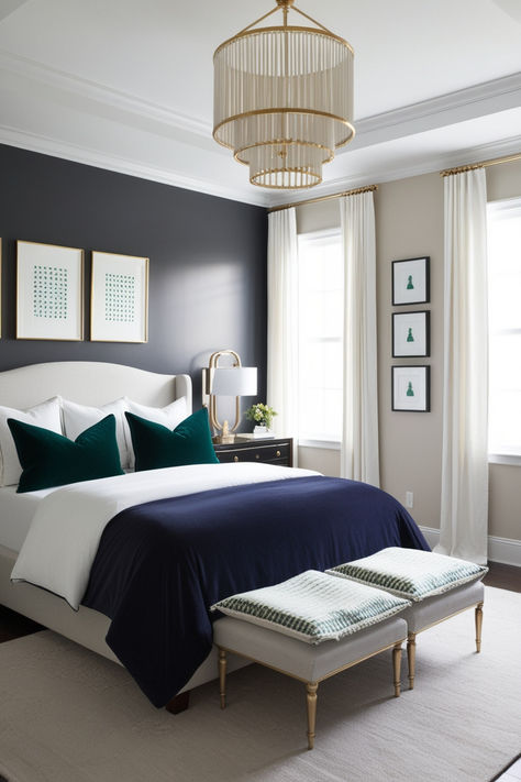 Discover the perfect blend of sophistication and comfort with this luxurious navy blue bedroom design. Featuring a high-quality, dark navy bed adorned with premium navy-toned linens, this space exudes elegance. Light gray walls and rich velvet curtains create a serene backdrop, while gold accents and plush throw pillows add a touch of opulence. #bedsidelamps #cozyarearug #sophisticateddecor #homebedroomrefresh #stylishbedroom #homedesign #interiordesign #bedroominspiration #bedroomdecorideas Blue Guest Bedroom, Navy Bed, Navy Blue Bedroom Ideas, Navy Blue Bedroom, Blue Bedroom Ideas, Navy Blue Bedrooms, Blue Bedroom Design, Navy Blue Walls, Gray Walls