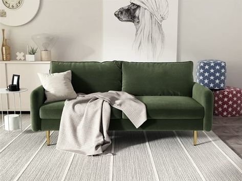 Kingway Furniture Almor Velvet Living Room Sofa in Army Green Velvet Blue Couch, Blue Velvet Couch, Contemporary Loveseat, Blue Couch, Deep Sofa, Marketing Real Estate, Green Velvet Fabric, Velvet Living Room, Blue Couches