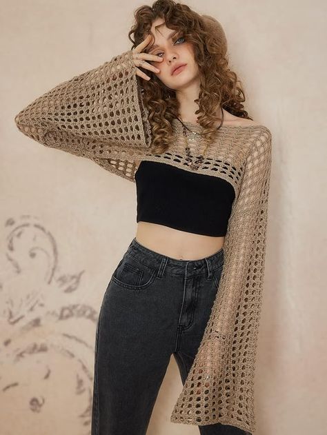 Hollow Out Crop Sweater, Fairycore Crochet, Hollow Out Sweater, Solid Sweaters, Traje Casual, Women Sweaters, Open Knit Sweater, Crop Sweater, Sweater Brands