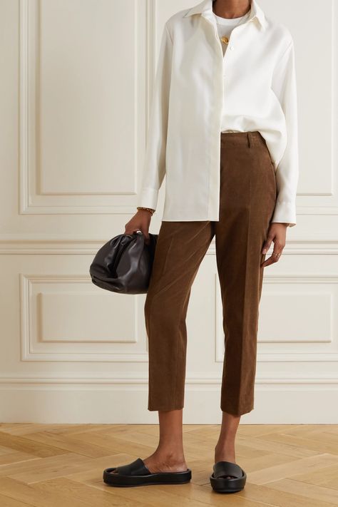 Net Porter, Tapered Pants Outfit, Brown Pants Outfit, Secret Closet, Work Fits, Brown Dress Pants, Office Casual Outfit, Simple Sandals, Chunky Loafers