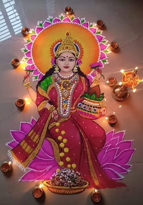 Laxmi Drawing For Diwali, Maa Laxmi Rangoli Design, Laxmi Devi Rangoli Designs, Lakshmi Devi Drawing Easy, Krishna Rangoli For Diwali, Lakshmi Maa Rangoli, Maa Laxmi Rangoli, Deepawali Rangoli Designs Latest, Big Flower Rangoli Designs