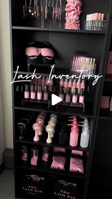 Lashroomdecor Ideas Pink, Lash Business Decor, Lash Snack Cart, Salon Suite Decor Lashes, Lash And Brow Salon Ideas, Lash Salon Suite Decor, Lash Studio Shed, Simple Lash Room Ideas, Black And Pink Beauty Room