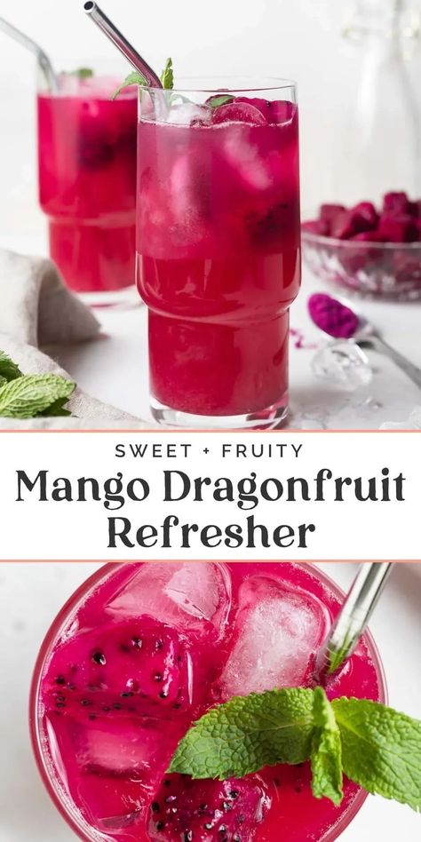 This mango dragon fruit refresher is better than Starbucks! Less sugar, healthier ingredients, and is seriously so quick and easy to make. Three ingredients and a couple of minutes is all you'll need to make this ultra refreshing drink. Mango Dragon Fruit Refresher, Dragon Fruit Refresher, Mango Dragonfruit Refresher, Dragonfruit Refresher, Iced Drinks Recipes, Tea Drink Recipes, Drink Recipes Nonalcoholic, Refreshing Drinks Recipes, Less Sugar