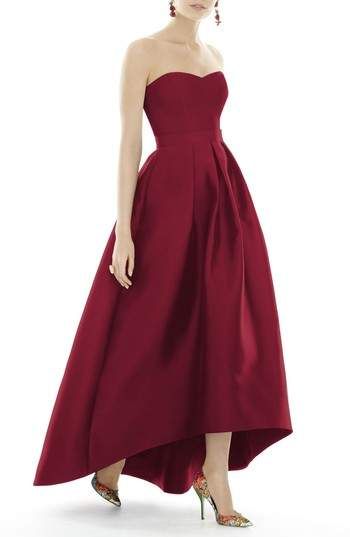 Alfred Sung Strapless High/Low Sateen Twill Gown Cocktail Dress Elegant, Alfred Sung, Black Tie Wedding Guests, High Low Maxi Dress, Ball Gown Skirt, Satin Gown, Linnet, Dresses Elegant, Bridesmaids Dresses