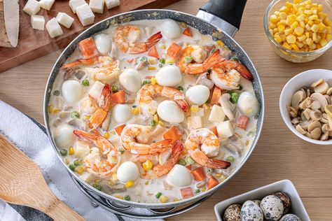 Create with Nestle! Sipo Egg, Freeze Greens, Sauteed Shrimp, Egg Recipe, Diced Carrots, Shrimp Seasoning, Homemade Pancakes, Quail Eggs, Canned Corn