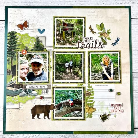 Nature Scrapbook Layouts, Hiking Scrapbook, Outdoors Scrapbook Layouts, Camping Scrapbook Layouts, Nature Scrapbook, Camping Scrapbook, 49 Market, Beautiful Scrapbook Layouts, Hiking Ideas