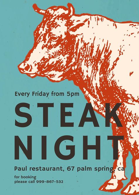 Retro restaurant poster vector editable template | premium image by rawpixel.com / marinemynt Meat Icon, Chalk Signs, Steak Night, Retro Restaurant, Future Festival, Restaurant Advertising, Restaurant Ad, Cow Illustration, Bbq Essentials