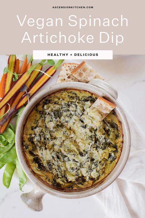 Creamy vegan Spinach Artichoke Dip – this healthy, Nutritionist-approved recipe is made with whole foods – 10 ingredients, 30 mins to make, the best hot dip for a cozy night in! #artichokerecipes #spinachdip #vegandip Artichoke Dip Vegan, Vegan Artichoke Dip, Vegan Dip Recipes, Vegan Spinach Dip, Baked Spinach Artichoke Dip, Vegan Spinach Artichoke Dip, Dip Vegan, Baked Spinach, Vegan Spinach