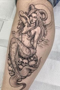 Mermaid Tattoo Leg Sleeve, Mermaid With Horns Tattoo, Mermaid And Skull Tattoo, Taurus Mermaid Tattoo, Mermaid Shin Tattoo, Gothic Siren Tattoo, Mermaid Portrait Tattoo, Medusa Mermaid Tattoo, Realistic Mermaid Tattoo