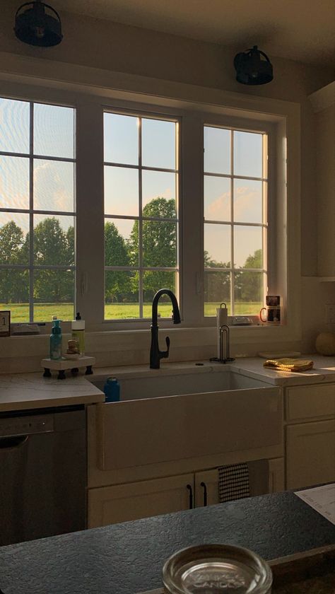 View From Kitchen Window, Sunny Kitchen Aesthetic, Kitchen With Sunlight, Big House In The Countryside, Sunlight Kitchen, Kitchen With Sunset View, Big Suburban House, Sunlight Through Window, Morning Light Through Window