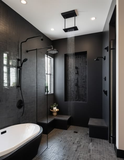 Step Into Luxury: 49 Unique Walk-In Shower Designs To Inspire You Master Bath With Black Tile, His And Her Ensuite, Walk In Shower And Free Standing Bath, Shower With Bench Seat Master Bath, Dark Shower Ideas, Double Entry Shower Walk In, Sauna In Bathroom Master Bath, Shower With Slanted Ceiling, Dark Walk In Shower Ideas