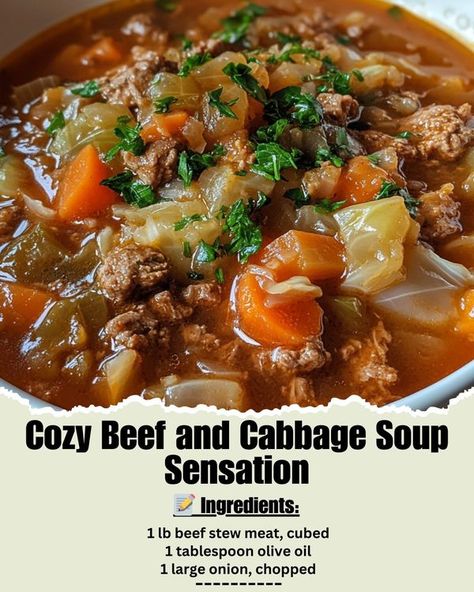 Time of Recipes | 🍲 Cozy Beef and Cabbage Soup Sensation - the ultimate comfort food | Facebook Cabbage Beef Soup Allrecipes, Cabbage Soup With Ground Beef, Beef And Cabbage Soup, Beef Cabbage Soup, Homemade Vegetable Beef Soup, Cabbage Stew, Soup Lovers, Ground Beef And Cabbage, Soup With Ground Beef