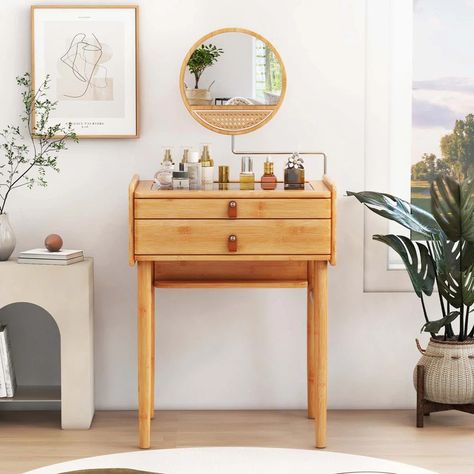 Wade Logan® Wade Logan Makeup Vanity Table With Adjustable Mirror Bamboo Dressing Table 2 Drawers - Wayfair Canada Small Vanity Table, Bamboo Dresser, Dressing Table With Drawers, Makeup Vanity Table, Makeup Table Vanity, Small Vanity, Dressing Table Mirror, Makeup Table, Bamboo Frame