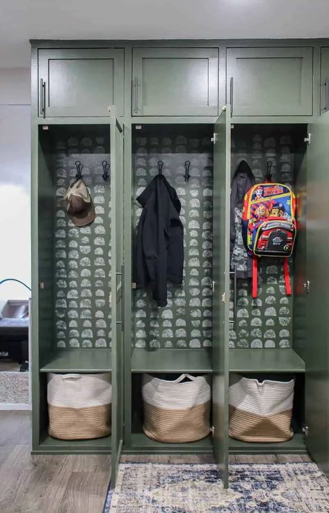 Diy Mudroom Lockers With Doors, Mudroom Lockers With Doors, Lockers With Doors, Diy Mudroom Lockers, Sponge Painting Walls, Mdf Trim, Vintage China Cabinets, Mudroom Cabinets, Diy Mudroom