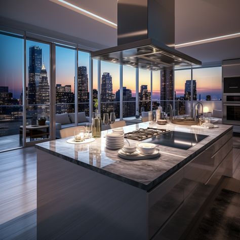 Nyc Penthouse Kitchen, Penthouse Apartment Aesthetic, Apartamento New York, Modern Penthouse Apartment, Penthouse Aesthetic, Penthouse Kitchen, New York City Penthouse, Penthouse Ideas, City Penthouse