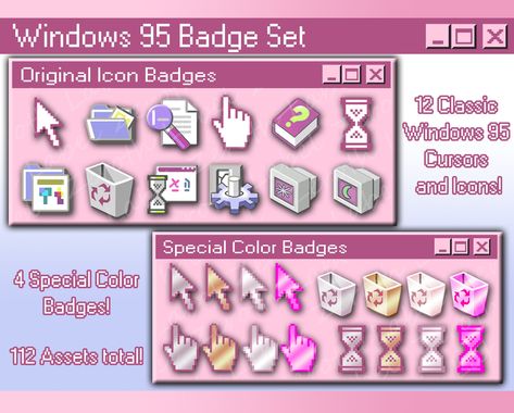 This Pink Windows 95 badge set is perfect for a streamer that values nostalgia and wants a faithful recreation of the original icons (with a fun pink aesthetic twist)! ALL badges listed come in 4 different sizes: 18x18, 36x36, 72x72, and bonus Original Size  Upon purchase you will receive a zip file with organized folders containing 112 Assets total. In this set there are 12 different badges in pastel aesthetic colors: Classic Cursor Documents Icon Find Icon Hand Cursor Help Icon Hourglass Curso Microsoft Windows Aesthetic, 2000s Computer Aesthetic, Cursor Aesthetic, Windows 95 Aesthetic, Recycle Bin Icon, Windows Icons, How To Pixel Art, Program Icon, Aesthetic Nostalgia