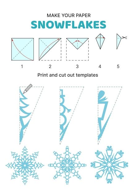 How to make paper snowflake fir tree sno... | Premium Vector #Freepik #vector #cut #illustrations #cartoon-illustration #papercraft Reindeer Snowflake Pattern, Snowman Snowflake Template, Snowflake Cut Out Patterns, Paper Cut Snowflakes, Easy Snowflake Cutouts For Kids, How To Fold A Paper Snowflake, How To Cut Out A Snowflake, How To Cut Snowflakes Out Of Paper, Homemade Paper Snowflakes