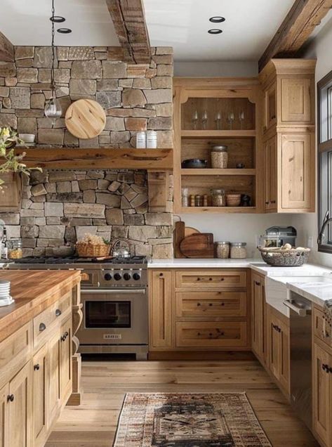 Casa Country, Rustic Kitchen Design, Cabin Kitchens, Farmhouse Kitchen Design, Kitchen Cabinets Makeover, Stone Walls, Kitchen Inspiration Design, Modern Farmhouse Kitchens, Kitchen Redo