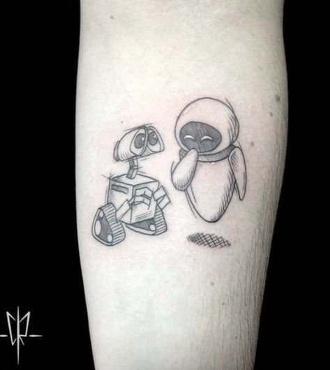 Pixar Tattoo Ideas, Pixar Tattoo, Disney Tattoos Quotes, Eve Tattoo, Toy Story Tattoo, Wall E Movie, Disney Sleeve Tattoos, Girl Back Tattoos, Sharpie Tattoos