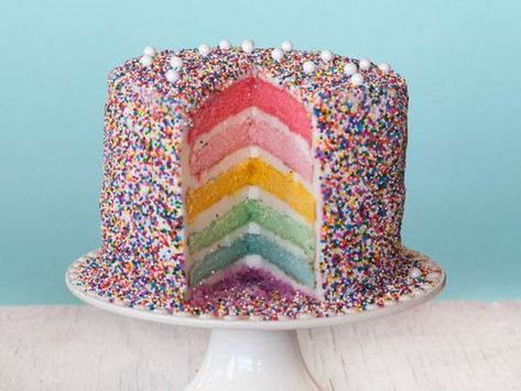 This bright, multi-hued Rainbow Layer Cake is a festive addition to any party. Cake With Sprinkles, Rainbow Layer Cakes, Layer Cake Recipes, Sprinkle Cake, Cake Cover, Cupcake Cake, Rainbow Sprinkles, Rainbow Cake, Food Cakes