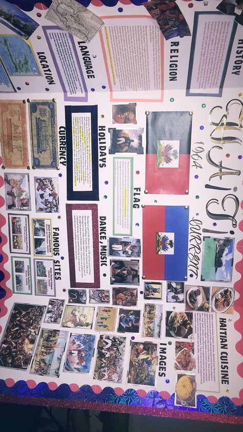 Haitian display board made by me. Culture Poster Project Student, Poster Board Ideas School Project Country, Caribbean Student Association, Country Trifold Board Ideas, Country Poster Board Ideas, Italy Poster Board Project, Cultural Day At School Ideas, History Fair Projects, Trifold Board