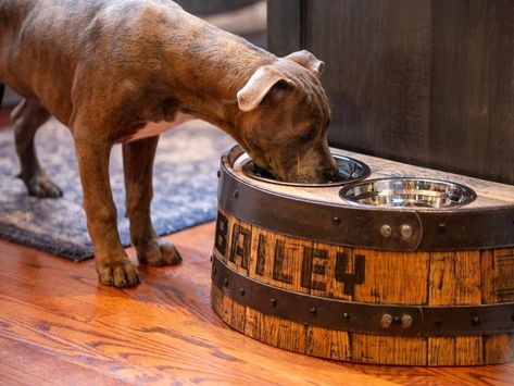 MotorCityBarrels - Etsy Whiskey Barrel Dog House, Elevated Dog Water Bowl, Dog Room In Garage Ideas, Whiskey Barrel Bar Ideas, Barrel Dog House, Unique Bar Ideas, Barrel Dog Bed, Whiskey Barrel Furniture, Barrel Projects