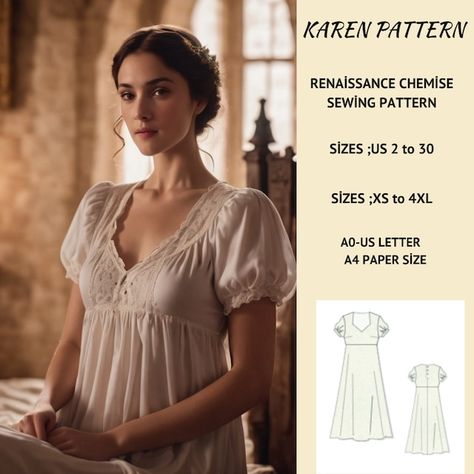 Regency Nightgown Pattern, Vintage Nightgown Sewing Pattern, Chemise Dress Pattern, Victorian Chemise Pattern, Underdress Pattern, Cottage Core Sewing Patterns, Regency Nightgown, Chemise Sewing Pattern, Cottagecore Sewing Pattern