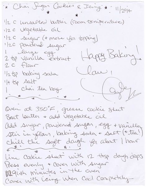 Lot Detail - Taylor Swift Handwritten & Signed Chai Sugar Cookie Recipe Chai Cookies Recipe, Chai Cookies, Tea Desserts, Sugar Cookie Icing, Taylor Swift Party, Tea Cookies, Cookie Icing, Chai Tea, Fall Baking