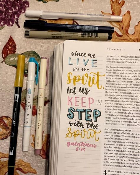 Emma's Bible Art on Instagram: "“Since we live by the Spirit, let us keep in step with the Spirit.” ‭‭Galatians‬ ‭5‬:‭25‬ ‭NIV‬‬ Bible: NLT Filament Journaling Bible from @tyndalehouse / @tyndalebibles #emmasbible #bible #biblejournalingcommunity #biblejournalingideas#journalingbible #biblejournaling#verseoftheday #bibleverse #bibleart #handlettering #calligraphy #galatians #galatians5 #tombow #tombowfudenosuke #tombowdualbrushpens #writech #gellyroll #micronpen #sakura #mildliner" Bible Study Galatians, Niv Bible Journaling, Galatians Bible Journaling, Mildliner Art, Book Of Galatians, Scripture Lettering, Bible Wisdom, Holy Girl, Journal Drawing