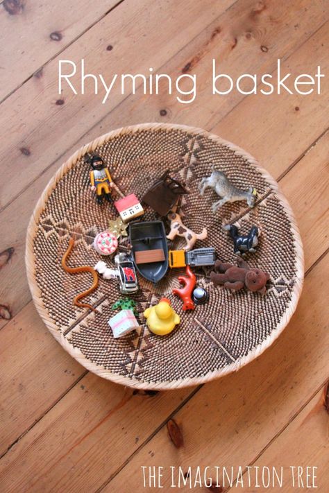 Rhyming basket literacy activity for kids Rhyming Pairs, Rhyming Games, Imagination Tree, Rhyming Activities, Literacy Games, Preschool Literacy, Phonological Awareness, Kindergarten Literacy, Phonics Activities