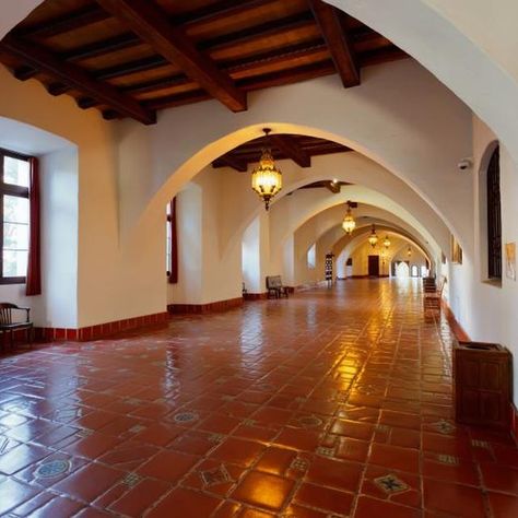 Textured, whitewashed walls, exposed ceiling beams and terra-cotta tile floors are hallmarks of Spanish-style homes. Home Spanish Style, Colonial Interiors, Spanish Style Bathrooms, Hacienda Homes, Hacienda Style Homes, Spanish Decor, Mexican Home, Mediterranean Home Decor, Spanish Architecture